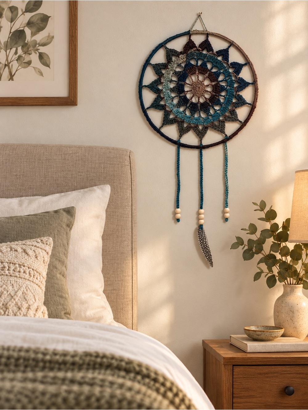 Handmade Crochet Dreamcatcher Teal Brown Boho Wall Hanging